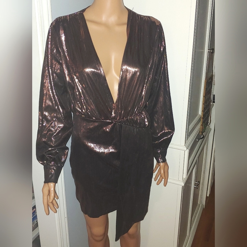 LARGE Bronze Copper Metallic Formal Dress Deep V Neck Long Sleeve Shiny Ruche